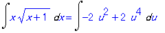 Int(x*(x+1)^(1/2),x) = Int(-2*u^2+2*u^4,u)