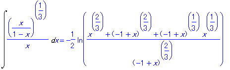 Int((x/(1-x))^(1/3)/x,x) = -1/2*ln((x^(2/3)+(-1+x)^(2/3)+(-1+x)^(1/3)*x^(1/3))/(-1+x)^(2/3))-3^(1/2)*arctan(1/3*3^(1/2)*(2*x^(1/3)+(-1+x)^(1/3))/(-1+x)^(1/3))+ln(-(x^(1/3)-(-1+x)^(1/3))/(-1+x)^(1/3))
